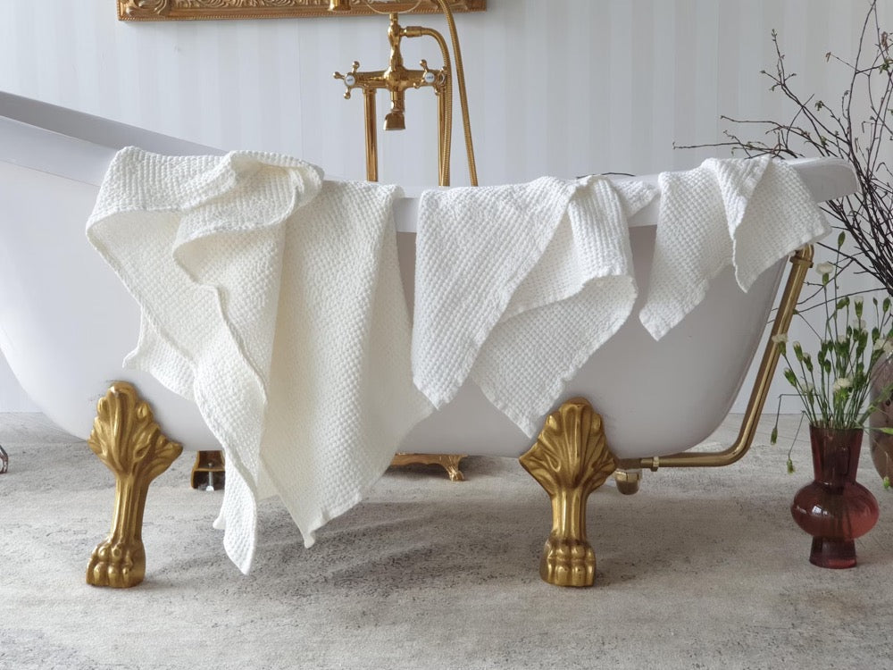 Waffle Linen Towel Set: Off-White Bath, Hand & Face Towels