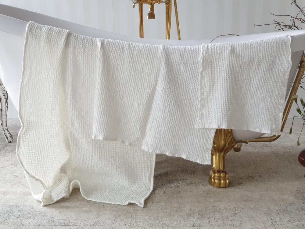 Waffle Linen Towel Set: Off-White Bath, Hand & Face Towels