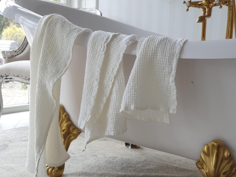 Waffle Linen Towel Set: Off-White Bath, Hand & Face Towels