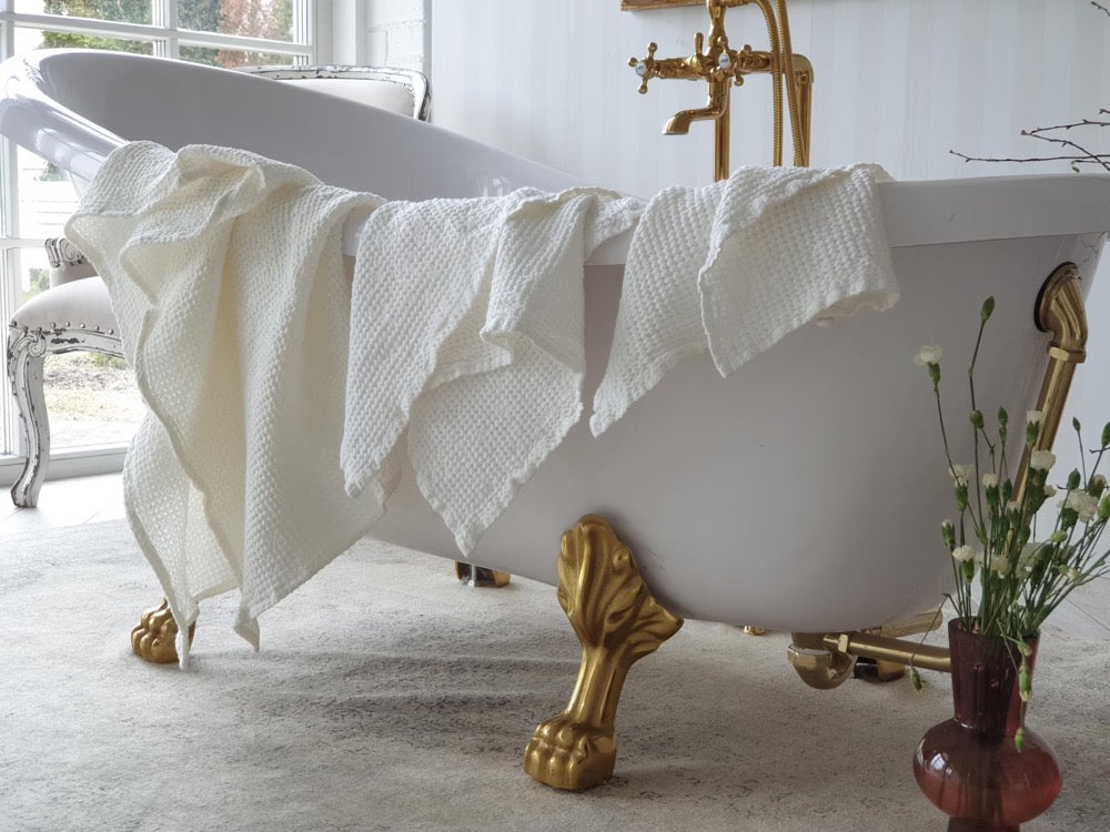 Waffle Linen Towel Set: Off-White Bath, Hand & Face Towels